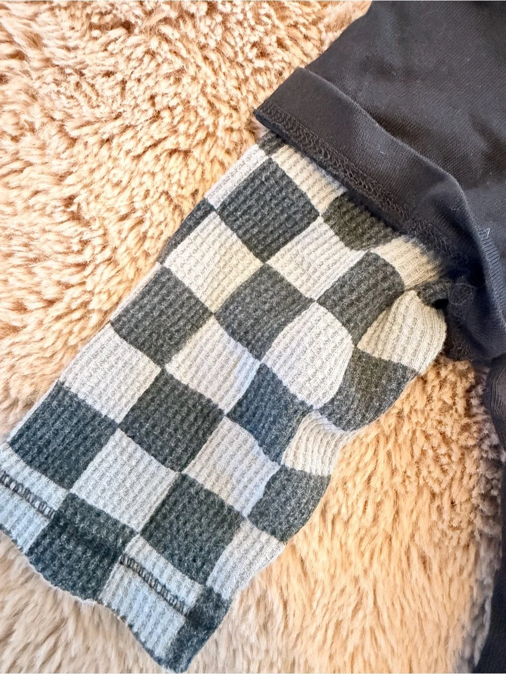 Old Navy Black Tee with Black-and-White Checkered Layered Sleeves